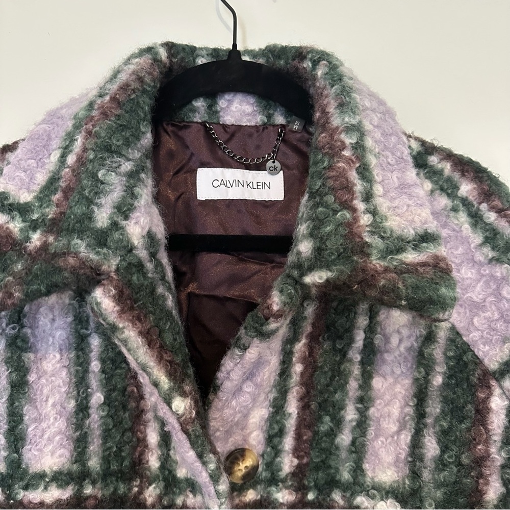 Calvin Klein Plaid Wool Blend Jacket Shacket Green Lavender Cozy Button Front M - Picture 3 of 9